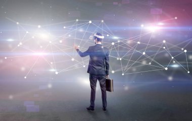 İşadamı vj gözlük ve bağlantı kavramı ile