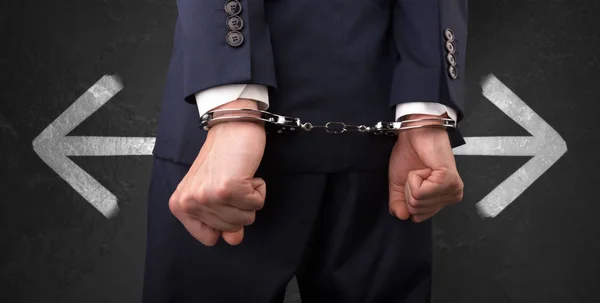 Now Arrested Men Handcuffs Chalk Drawn Question Signs Lines — Stock Photo, Image