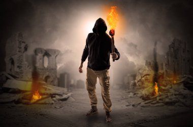 Flambeau bir felaket sahne kavramı yanan ile gelen adam