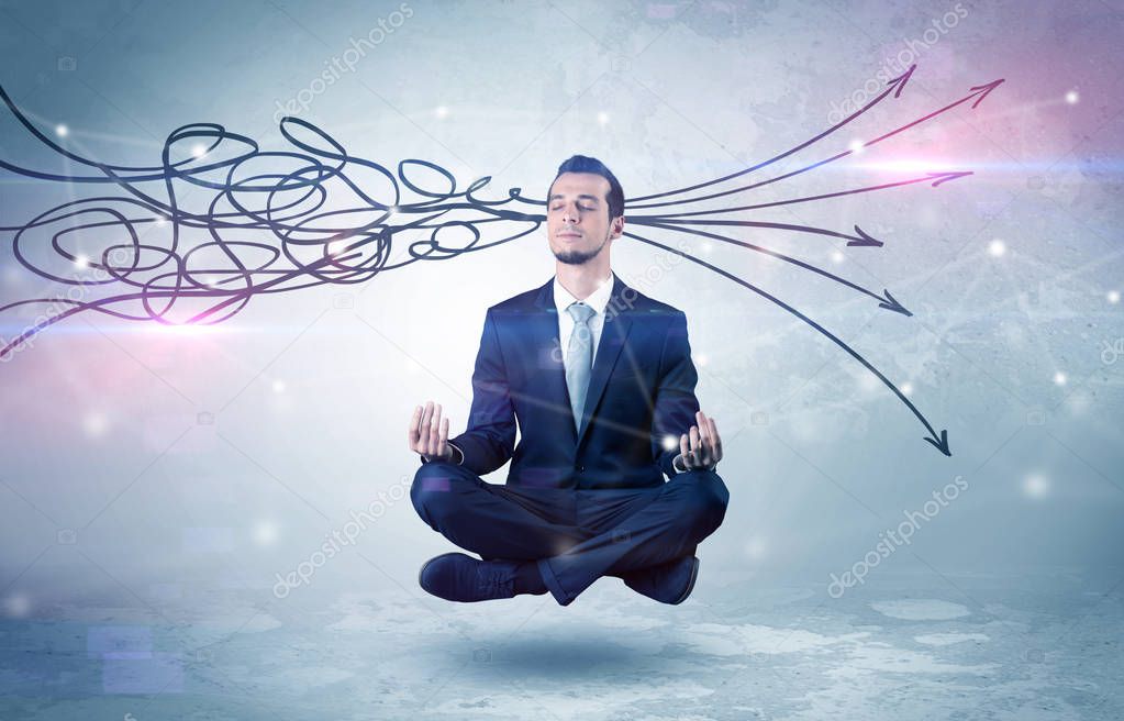 Businessman meditates with purifying doodle concept