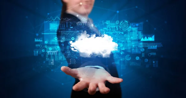 Holding cloud system hologram skärm — Stockfoto