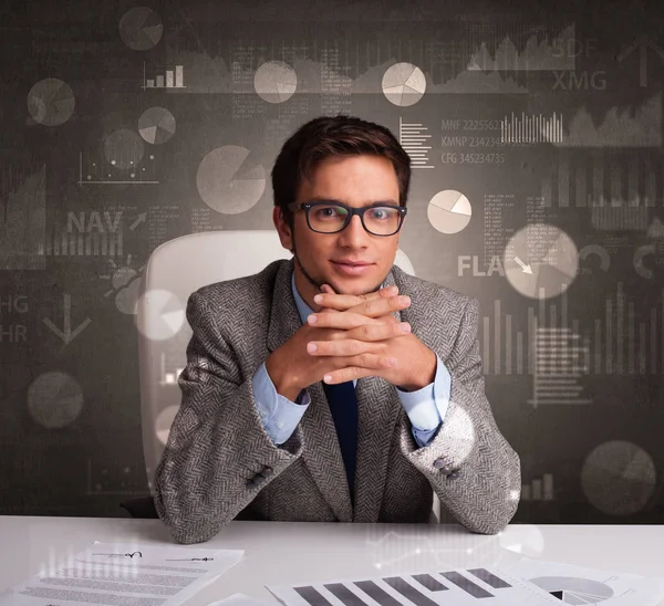 Manager at the office making reports and statistics with blackboard background — Stock Photo, Image