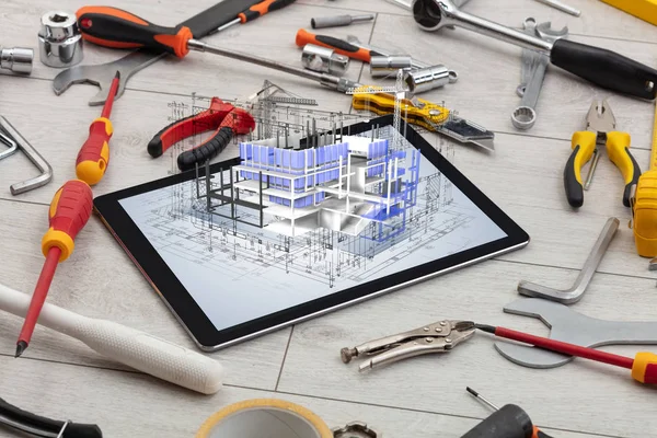 Tablet and tools with 3d house plan concept — Stock Photo, Image