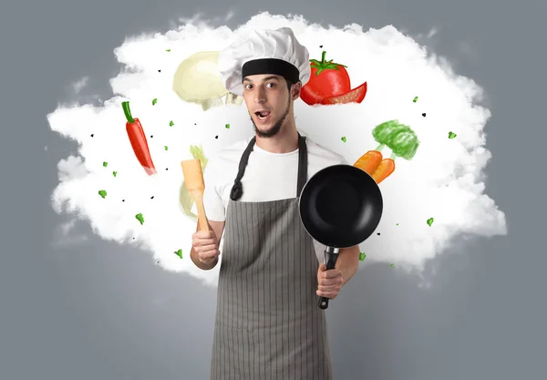 Vegetables on cloud with male cook