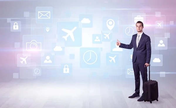 Businessman departs to a business trip with symbols — Stock Photo, Image