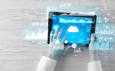 Tablet tutarak ve finantial rapor kavramı kontrol el