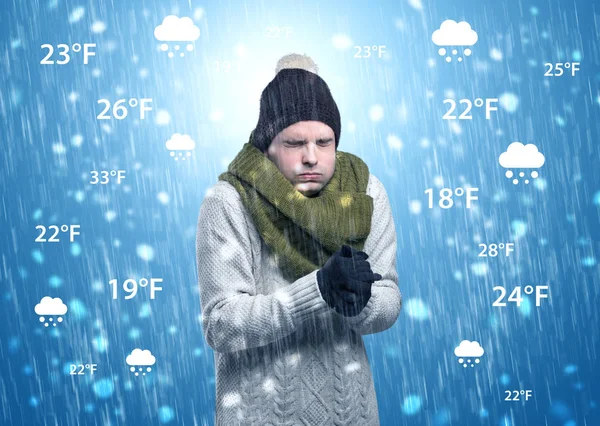 Boy freezing in warm clothing with weather condition concept — Stock Photo, Image