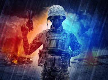 Silahlı asker toz fırtınanın ortasında duran