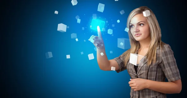 Woman touching hologram — Stock Photo, Image