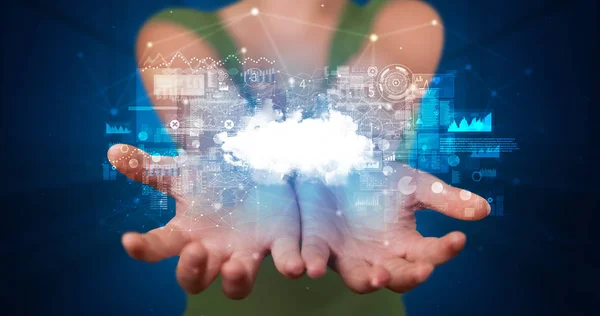 Holding cloud system hologram screen — Stock Photo, Image