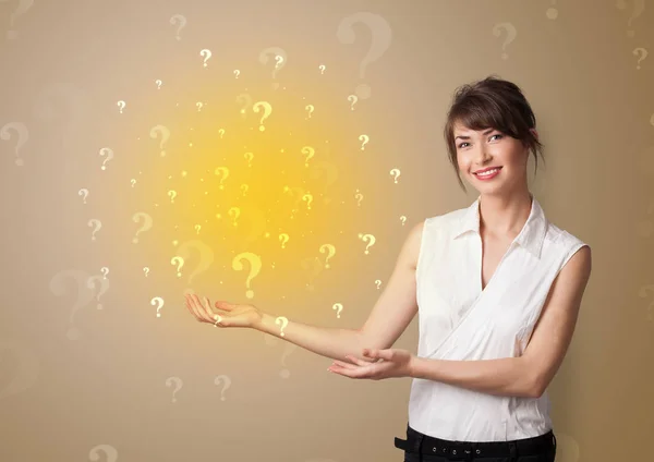 Person presenting something with question sign concept — Stock Photo, Image