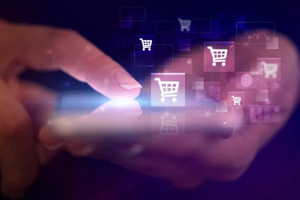 Finger röra telefon med online shopping koncept — Stockfoto
