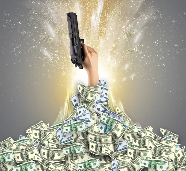 Hand bursting from a money heap — Stock Photo, Image