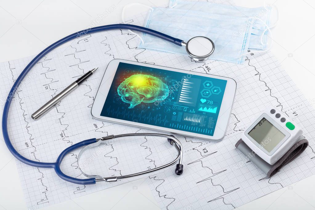 Diagnostics on tablet with brain functionality concept