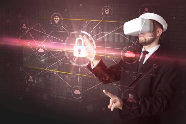 Adam ile 3d ağ kavramı kilidini Vr koruyucu gözlük