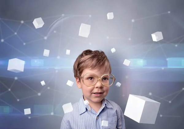 Lindo niño con cubos luminosos alrededor — Foto de Stock