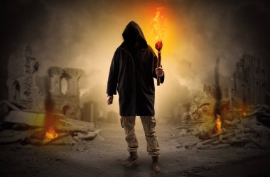 Flambeau bir felaket sahne kavramı yanan ile gelen adam