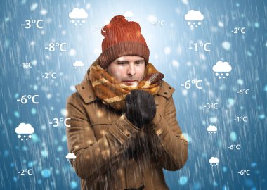 Boy freezing in warm clothing with weather condition concept clipart