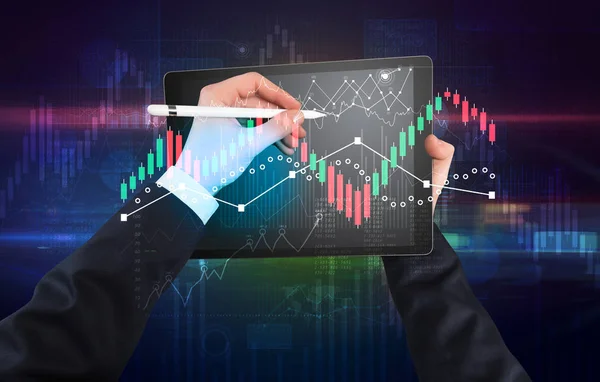 Hand holding tablet with global reports and stock market change concept — Stock Photo, Image