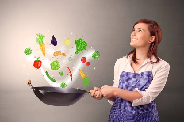 Kucharz z kolorowymi warzywami ciągnione — Zdjęcie stockowe