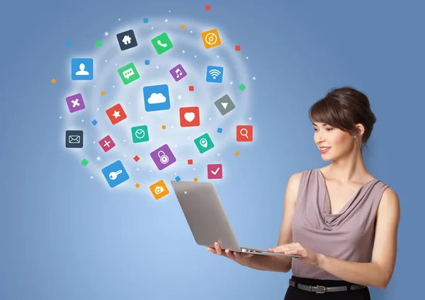 Person presenting new application icons and symbols — Stock Photo, Image