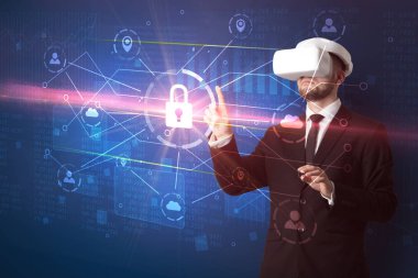 Adam ile 3d ağ kavramı kilidini Vr koruyucu gözlük