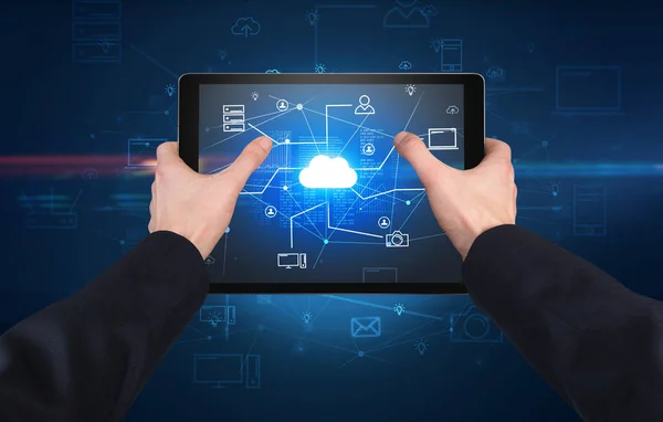 First person view of tablet with cloud office concept — Stock Photo, Image
