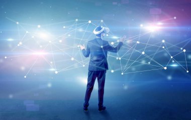 İşadamı vj gözlük ve bağlantı kavramı ile