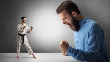 Giant man yelling at a small karate man clipart