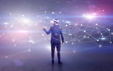 İşadamı vj gözlük ve bağlantı kavramı ile