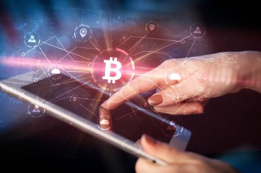 El bitcoin bağlantı ağı ve online kavramı ile tablet kullanma