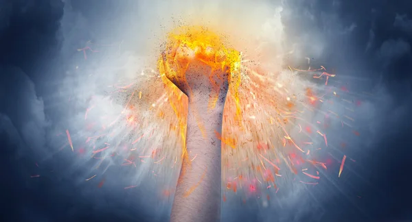 Hand hits intense and makes fire — Stock Photo, Image