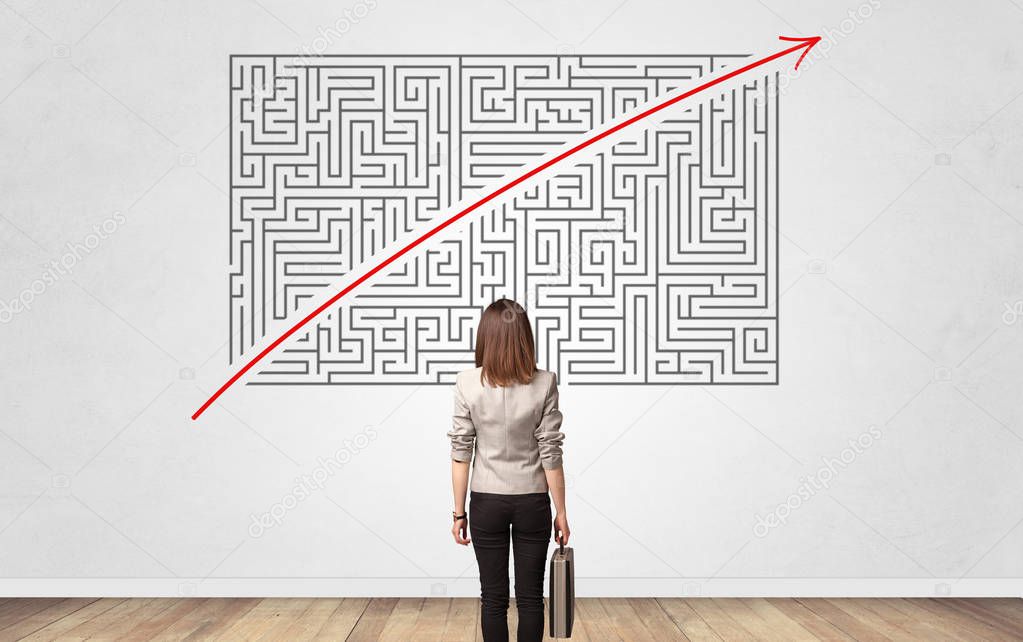 Businessman looking to a maze on a wall