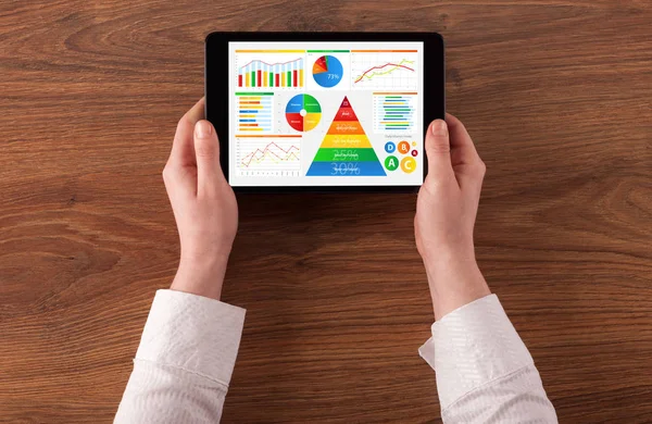 Hand with tablet analysing the daily food report — Stock Photo, Image