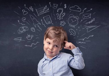 Little boy in front of a drawn up blackboard clipart