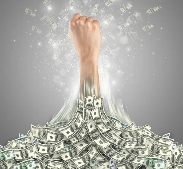 Hand bursting out from a money heap — Stock Photo, Image