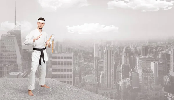 Karate man haciendo trucos de karate en la cima de una ciudad metropolitana —  Fotos de Stock