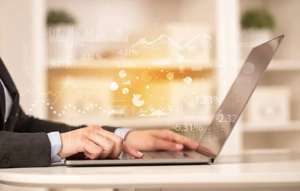 Business woman working on laptop with financial report concept — Stock Photo, Image