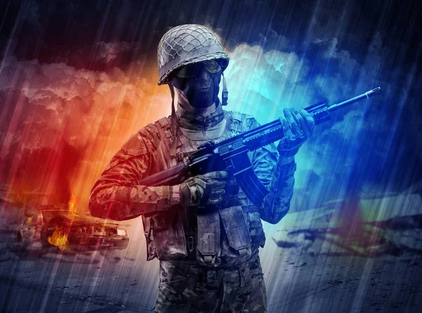 Armed soldier standing in the middle of dust storm — Stock Photo, Image