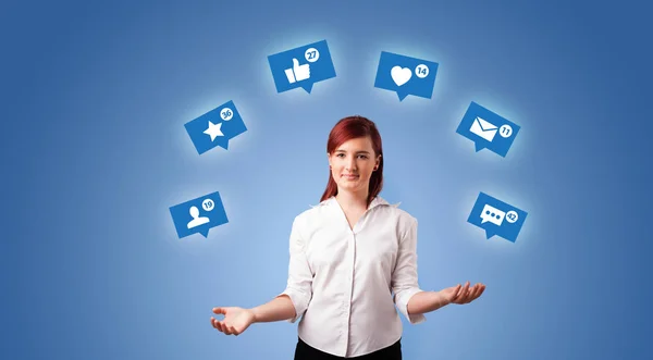 Person juggle with social media symbols — Stock Photo, Image