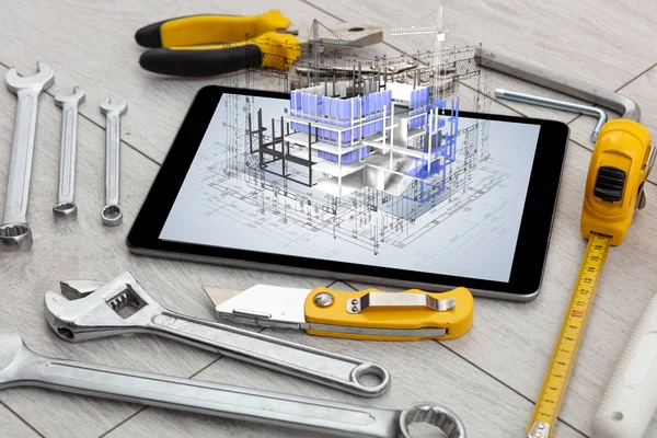 Tablet and tools with 3d house plan concept — Stock Photo, Image