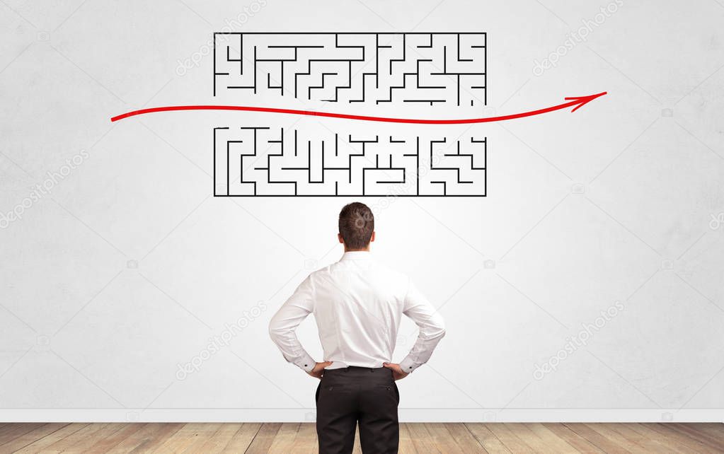 Businessman looking to a maze on a wall
