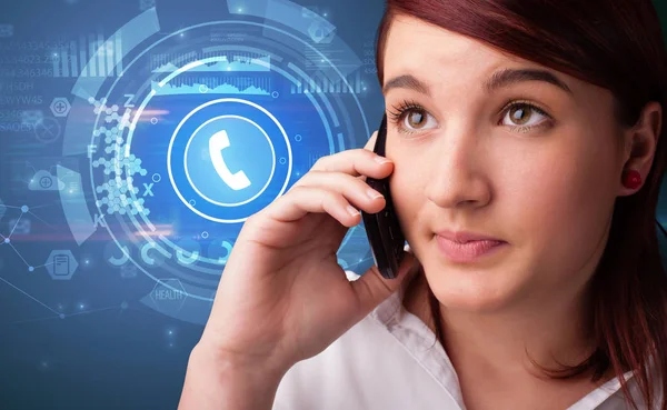 Person talking on the phone with calling concept — Stock Photo, Image