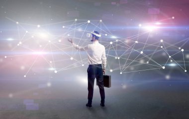 İşadamı vj gözlük ve bağlantı kavramı ile