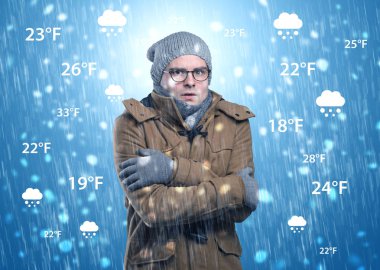 Hava durumu konsepti ile sıcak giysiler içinde buz gibi çocuk