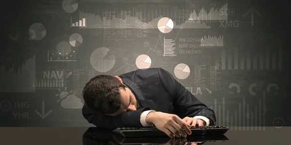 Empresario durmiendo con gráficos, gráficos e informes concepto — Foto de Stock