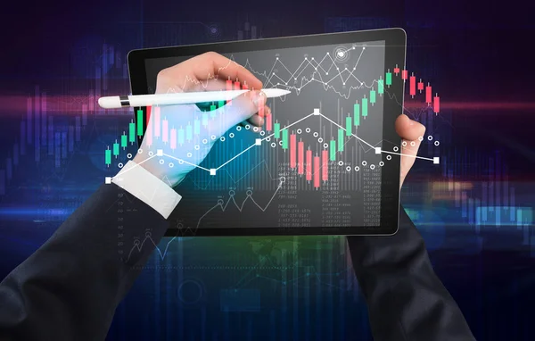 Hand holding tablet with global reports and stock market change concept — Stock Photo, Image