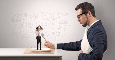 Büyük işadamı doodled grafikler konsepti ile bir yemek küçük yaş