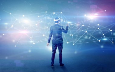 İşadamı vj gözlük ve bağlantı kavramı ile