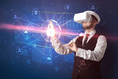 Adam ile 3d ağ kavramı kilidini Vr koruyucu gözlük